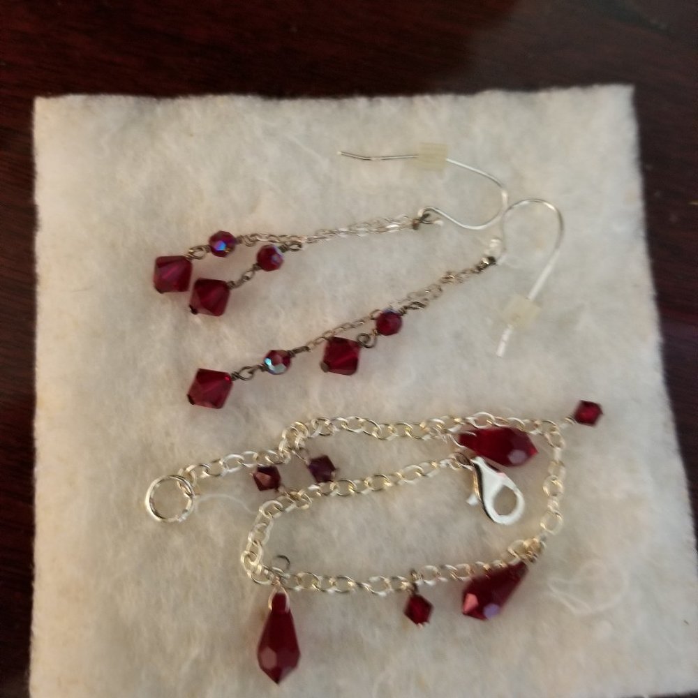 Sterling Silver with Garnet Drop Earrings and Bracelet